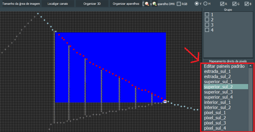 Editor de matriz com universo e canal definidos para cada pixel