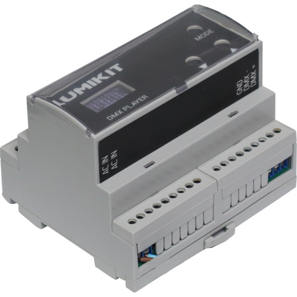 Vista superior frontal do Player DMX 1 Universo DIN com Agendador