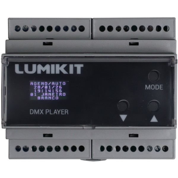 Vista de cima do Player DMX 1 Universo DIN com Agendador